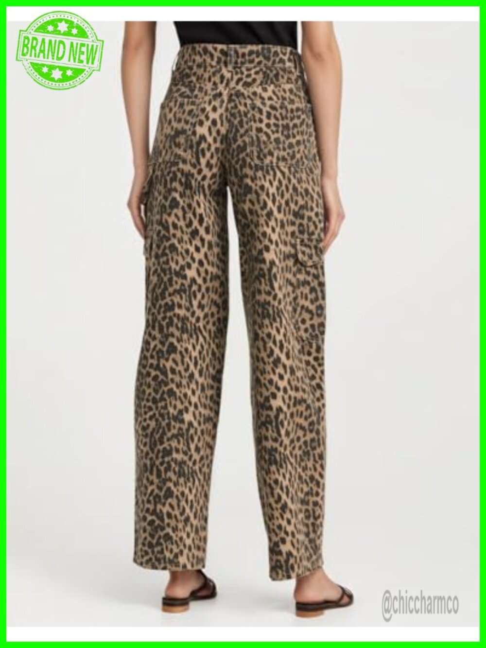 Women's Leopard Print Baggy Cargo Jeans Y2K Straight Leg Pants with Pockets - Picture 4 of 7